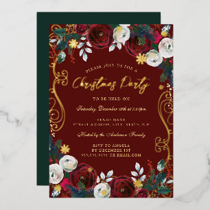 Invitation En Aluminium Tourbillon doré floral vert rouge Noël Party