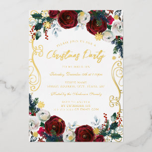 Invitation En Aluminium Tourbillon Floral Rouge Or Vert Fête de Noël