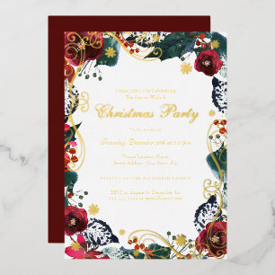 Invitation En Aluminium Tourbillon Floral Rouge Or Vert Soirée de Noël