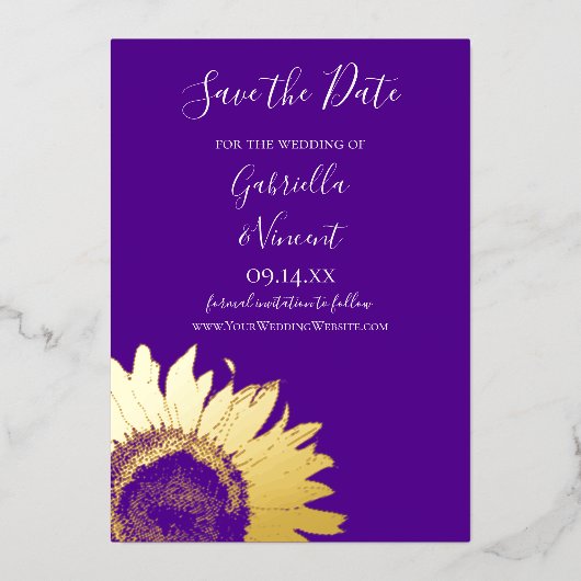 Invitation En Aluminium Tournesol d'or sur mariage violet Enregistrer la d (Recto)