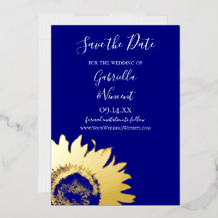 Invitation En Aluminium Tournesol doré sur fond bleu marine pour faire-par