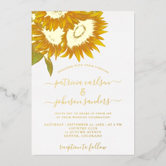Invitation En Aluminium Tournesol élégant feuille d'or chic script mariage (Recto)