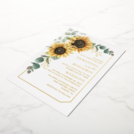 Invitation En Aluminium Tournesol Eucalyptus Flore Vert Mariage Or (Rotation)