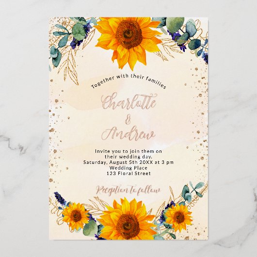 Invitation En Aluminium tournesol mariage eucalyptus or rustique