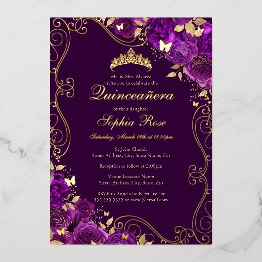Invitation En Aluminium Tournesol papillon violet Quinceanera (Recto)