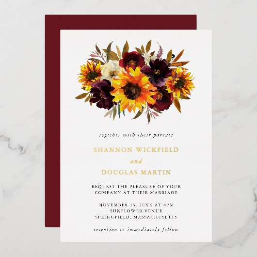 Invitation En Aluminium Tournesol Rose violet Russe Mariage de automne or (Recto/Verso)