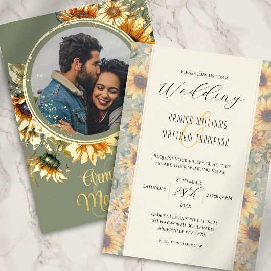 Invitation En Aluminium Tournesol Sage Vert Personnalisé Photo Mariage