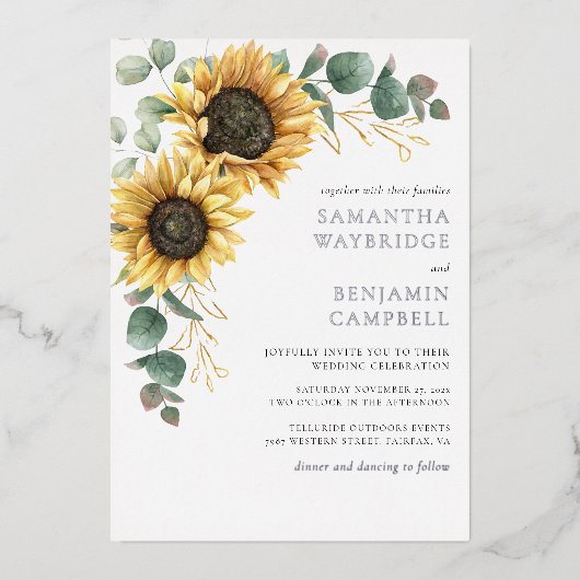 Invitation En Aluminium Tournesols et Eucalyptus Rustique Mariage Argent (Recto)