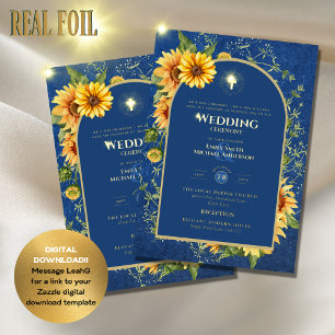 Invitation En Aluminium Tournesols Or Catholique Mariage Élégant Bleu