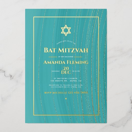 Invitation En Aluminium Tourquoise et Gold Faux Agate Photo Bat mitzvah Fa (Recto)