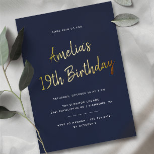 Invitation En Aluminium Tous âges Anniversaire Navy Blue et Or Script