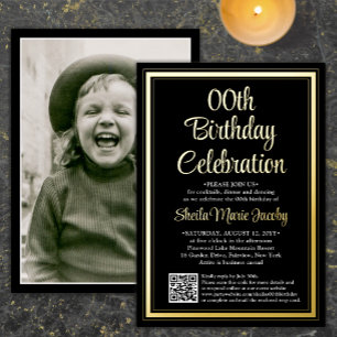 Invitation En Aluminium Tout code QR de fête d'anniversaire & Photo Noir e