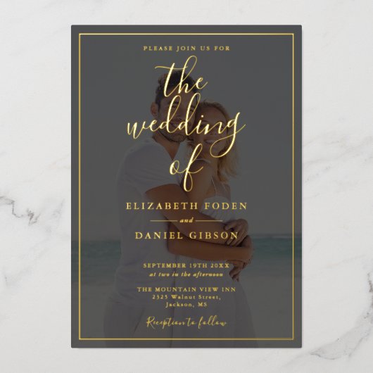 Invitation En Aluminium Tout en un élégant script Photo Mariage Gold (Recto)