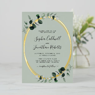 Invitation En Aluminium Tout en un Eucalyptus Sage Gold Mariage ovale