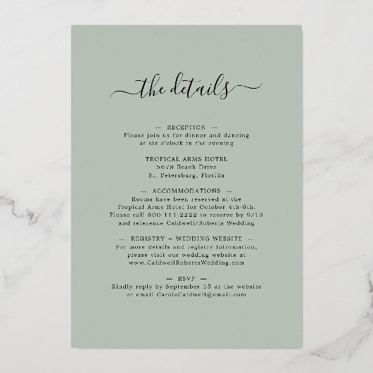 Invitation En Aluminium Tout en un Eucalyptus Sage Gold Mariage ovale (Verso)