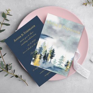 Invitation En Aluminium Tout en Un Mariage de forêt aquarelle Navy dorée