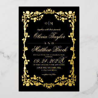 Invitation En Aluminium Tout en Un Mariage Fleurs de Rose Noire Royale Or