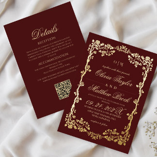 Invitation En Aluminium Tout en Un Mariage Fleurs de Rose Or Bourgogne