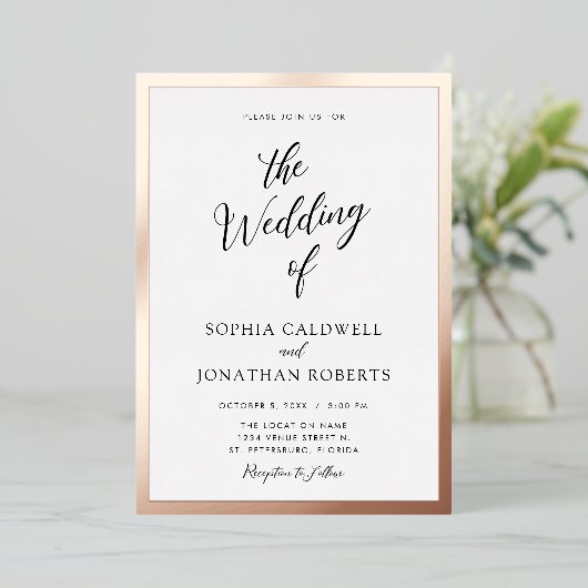 Invitation En Aluminium Tout en un Mariage Noir Calligraphie Rose Or (Debout devant)