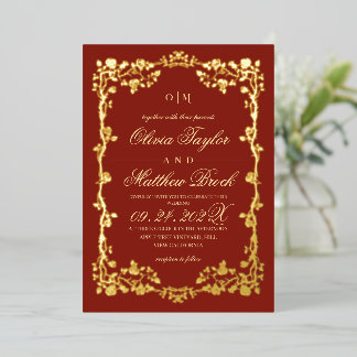 Invitation En Aluminium Tout en Un Rose Fleurs Rouge Or Mariage