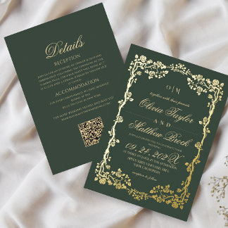 Invitation En Aluminium Tout en Un Vert Fleurs de Rose Or Mariage
