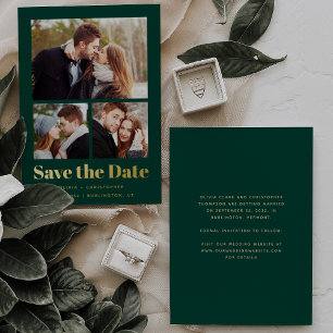 Invitation En Aluminium Trendy Minimal 3-Photo Green Gold Enregistrer la d
