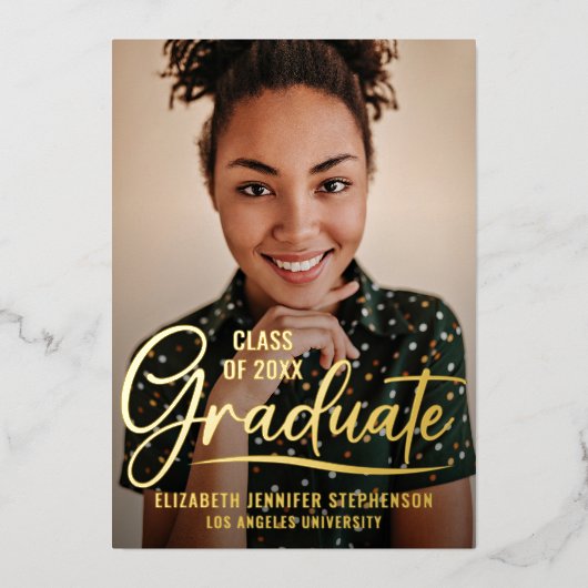 Invitation En Aluminium Trendy script overlay Graduation party photo (Recto)