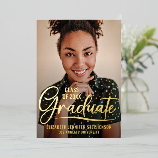 Invitation En Aluminium Trendy script overlay Graduation party photo (Debout devant)