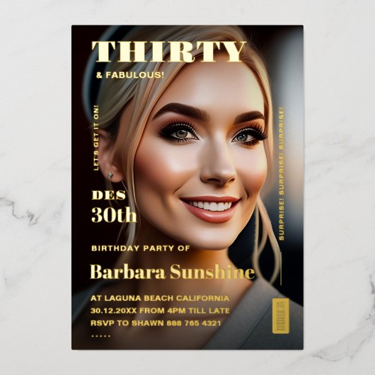 Invitation En Aluminium Trente 30e anniversaire Magazine Elégant Or modern (Recto)