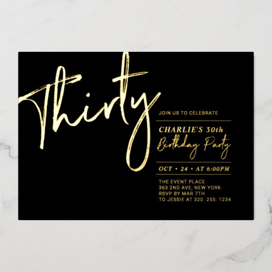 Invitation En Aluminium Trente | Black Modern Gold 30e fête d'anniversaire (Recto)
