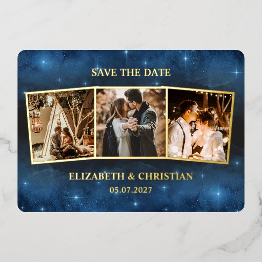 Invitation En Aluminium Trois Photos Galaxy Overlay Couple Enregistrer La (Recto)