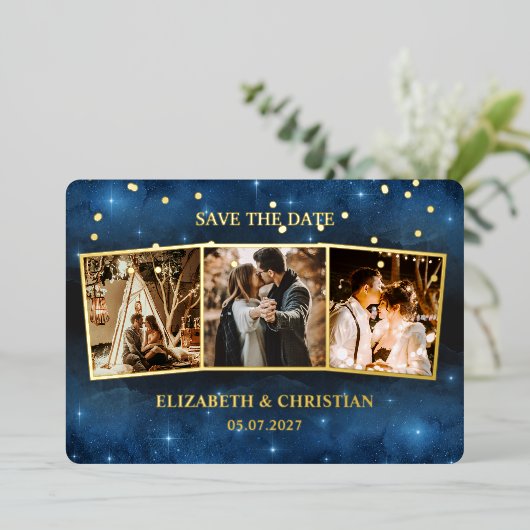 Invitation En Aluminium Trois Photos Galaxy Overlay Enregistrer La Date Fo (Debout devant)