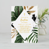 Invitation En Aluminium Tropical Feuille Faux Gold Foil Frame Baptême (Debout devant)