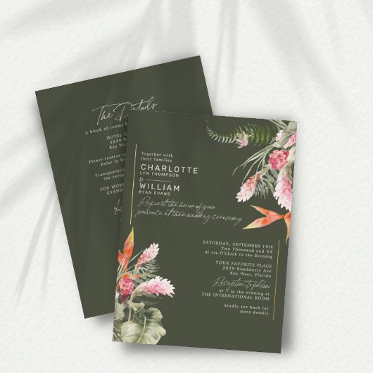 Invitation En Aluminium Tropical Floral Green RSVP QR Code Mariage Or