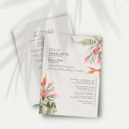 Invitation En Aluminium Tropical Floral Ivory RSVP QR Code Mariage Or