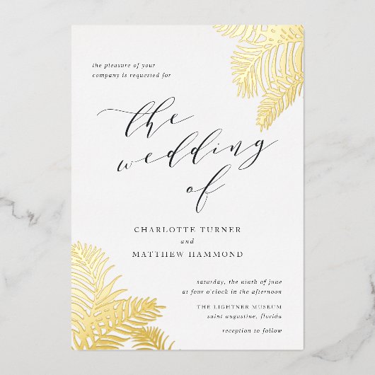 Invitation En Aluminium Tropical Foliage Mariage Gold (Recto)
