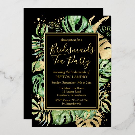 Invitation En Aluminium Tropical Gold & Black Bridesmaiers Tea Party (Recto/Verso)