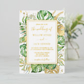 Invitation En Aluminium Tropical Gold Foil Élégant Mariage de feuillage (Debout devant)