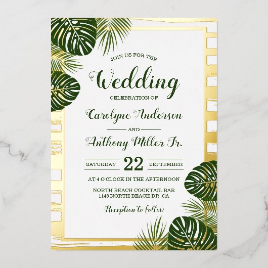 Invitation En Aluminium Tropical Green Palm Leaf Beach Mariage Real (Recto)
