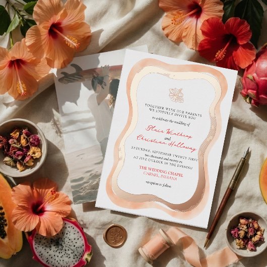 Invitation En Aluminium Tropical Hibiscus Wavy Border Vibrant Wedding