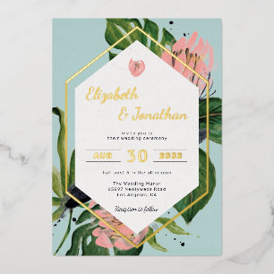 Invitation En Aluminium Tropical jungle floral moderne pink flower & leave