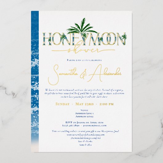 Invitation En Aluminium Tropical Ocean Blue Honeymoon Couple Douche Argent (Recto)