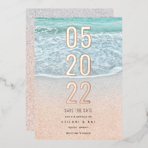 Invitation En Aluminium Tropical Océan & Plage de Sable Économisez la Date