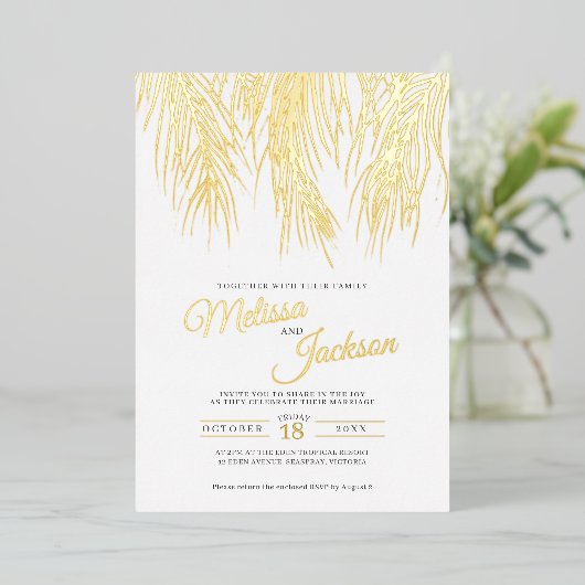 Invitation En Aluminium Tropical palm frondes or mariage (Debout devant)