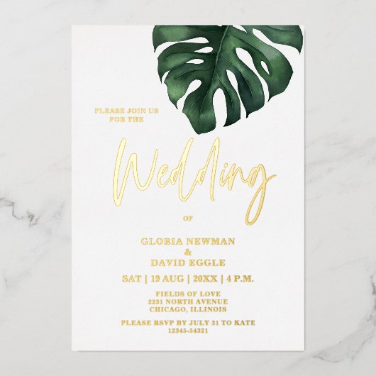 Invitation En Aluminium Tropical Palm Leaf Monstera Mariage Gold (Recto)