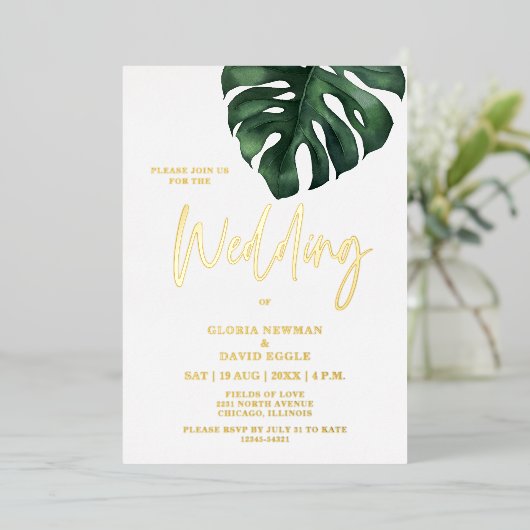 Invitation En Aluminium Tropical Palm Leaf Monstera Mariage Gold (Debout devant)