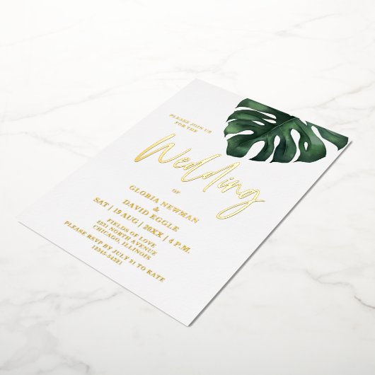 Invitation En Aluminium Tropical Palm Leaf Monstera Mariage Gold (Rotation)