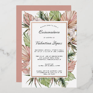 Invitation En Aluminium Tropical Poussiéreux Rose Blanc Floral Quinceanera