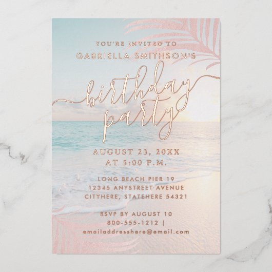 Invitation En Aluminium Tropical Sunset Beach Anniversaire Fête Rose Gold (Recto)