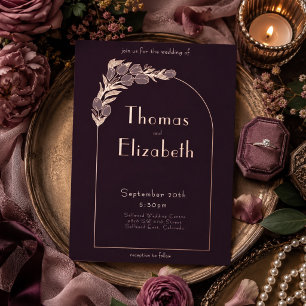 Invitation En Aluminium Tulipe Art Nouveau Plum Noir Mariage Feuille d'Or
